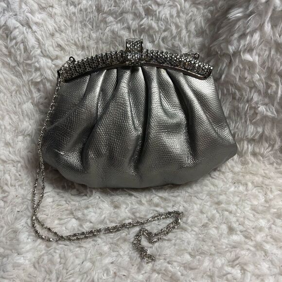 Stephanie Snakeskin  prints Rhinestone Vintage Metallic gray evening Bag. - Picture 2 of 13